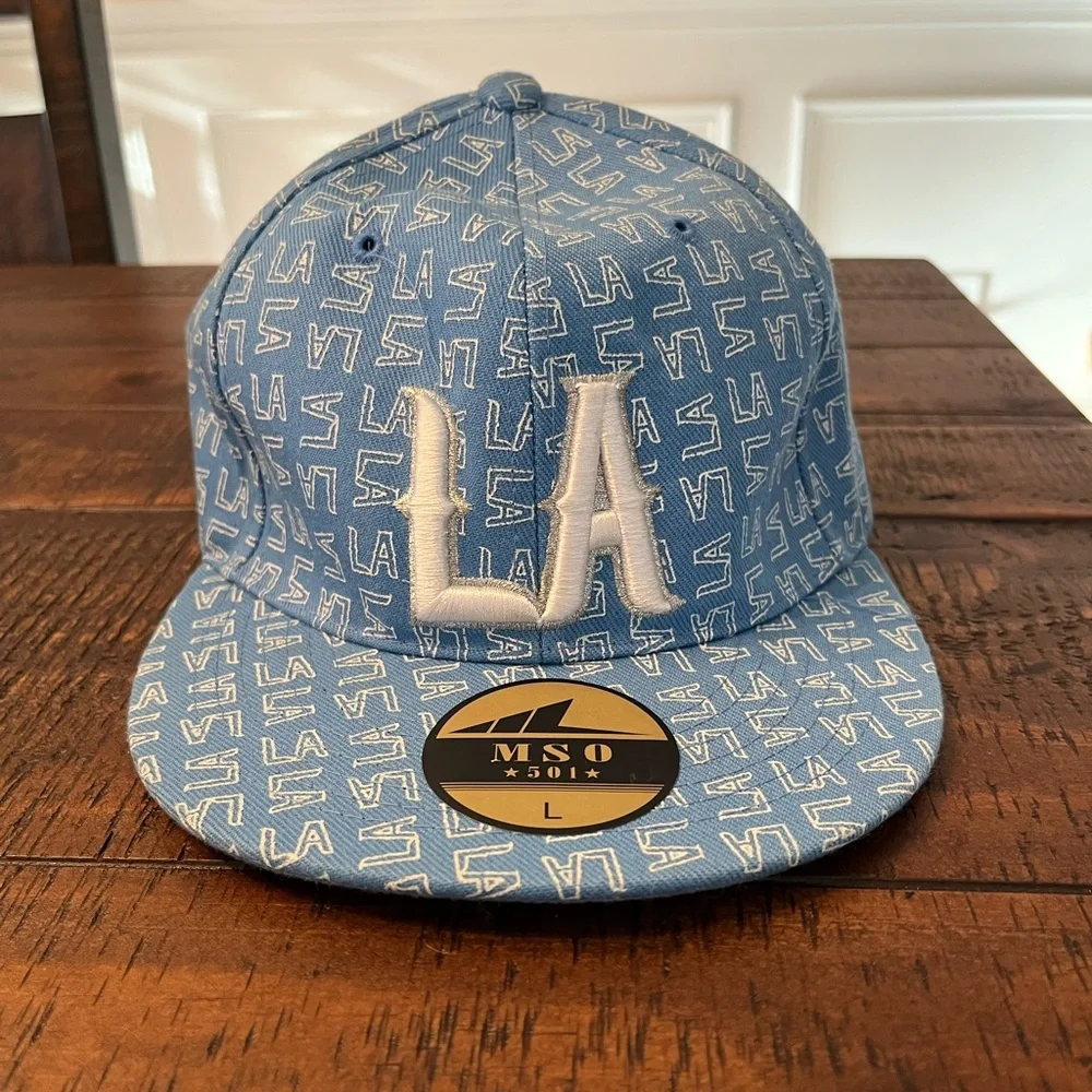 MSO 501 Los Angeles LA Monogram All-Over‎ Print Hat - Light Blue - Size L
